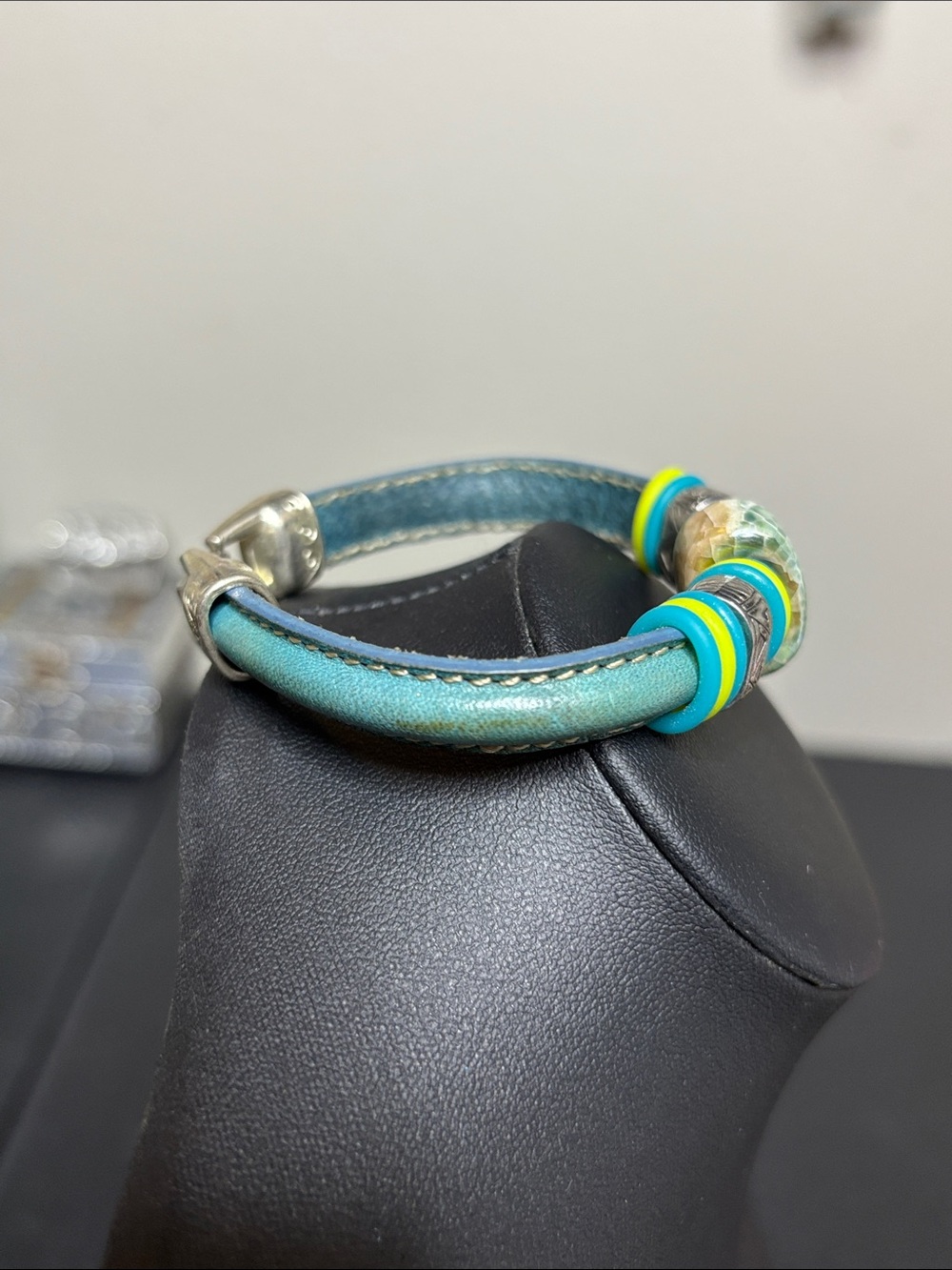 Ceramic Leather Boho Blue Green Beaded  Bracelet - Picture 4 of 7